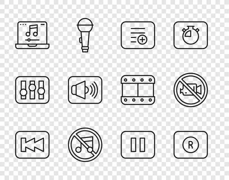 Set line Rewind button, Record, Add playlist, Speaker mute, Laptop with music Stock Illustration