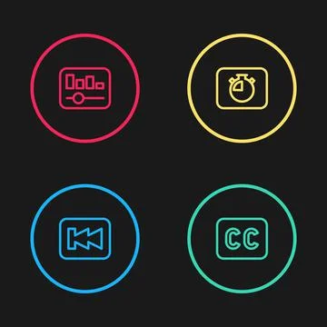 Set line Rewind button, Subtitles, Stopwatch and Music equalizer icon. Vector Stock Illustration