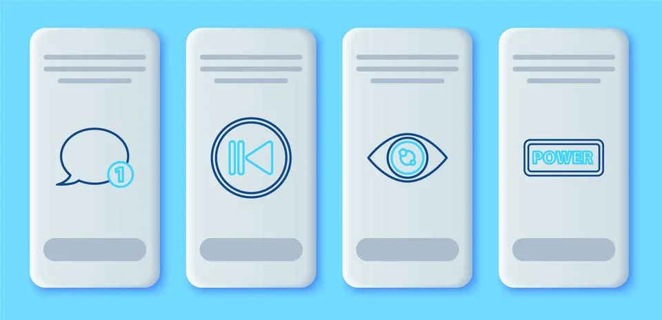 Set line Rewind, Eye, Speech bubble chat and Power button icon. Vector Stock Illustration