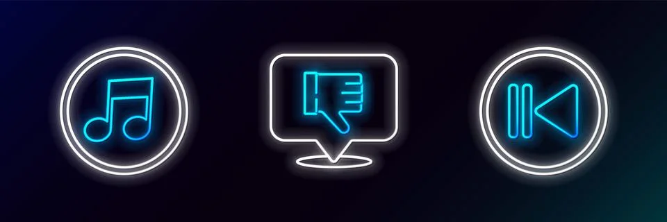 Set line Rewind, Music note, tone and Dislike speech bubble icon. Glowing n.. Stock Illustration