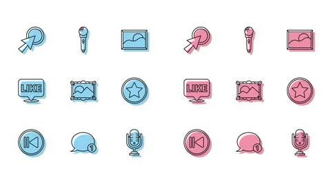 Set line Rewind, Speech bubble chat, Arrow cursor, Microphone, Picture land.. Ilustração Stock