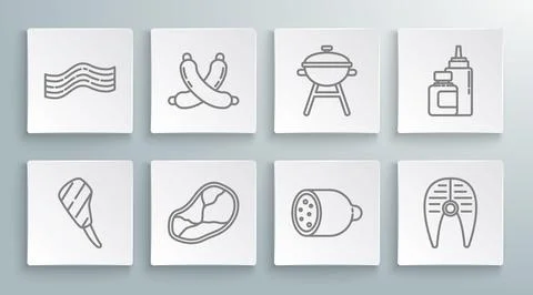 Set line Rib eye steak, Crossed sausage, Steak meat, Salami, Fish, Barbecue.. Stock Illustration