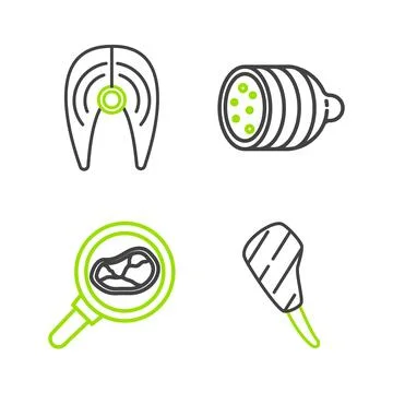 Set line Rib eye steak Steak meat in frying pan Salami sausage and Fish icon. Stock Illustration