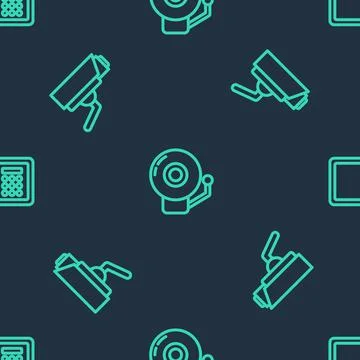 Set line Ringing alarm bell, Security camera and Safe on seamless pattern Illustrazione stock