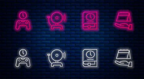 Set line Ringing alarm bell, Time for book, Gamepad of time and Calendar Illustrazione stock