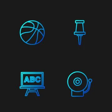 Set line Ringing alarm bell, Chalkboard, Basketball ball and Push pin. Gradient Ilustração Stock