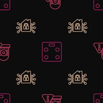 Set line Ringing alarm bell, Smart home and bathroom scales on seamless pattern Stock Illustration