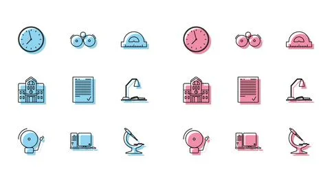 Set line Ringing alarm bell, Computer monitor with keyboard and mouse, Clock Ilustración de archivo