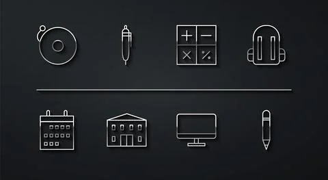 Set line Ringing alarm bell, Calendar, School backpack, Computer monitor screen Illustrazione stock