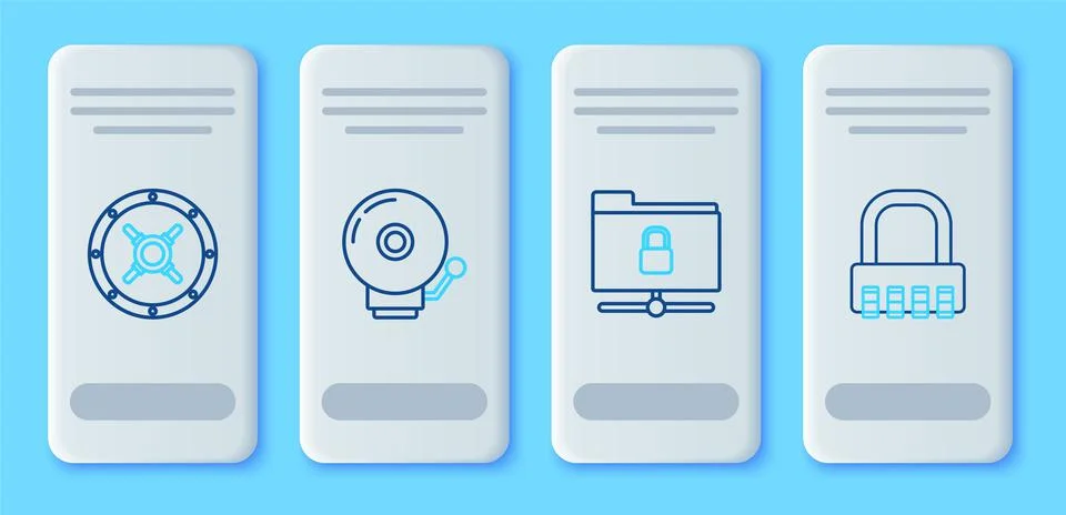 Set line Ringing alarm bell, FTP folder and lock, Safe and combination icon.  Stock Illustration