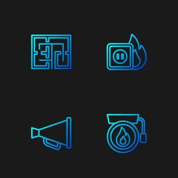 Set line Ringing alarm bell, Megaphone, Evacuation plan and Electric wiring of Stock Illustration