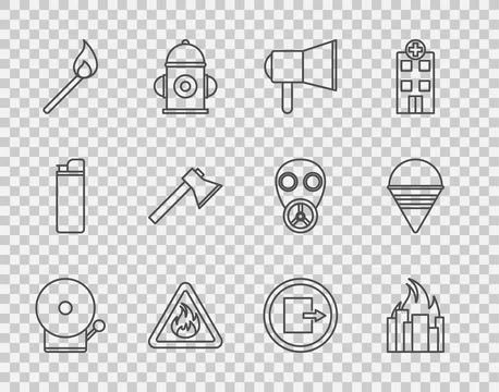 Set line Ringing alarm bell, Fire burning buildings, Megaphone, flame triangle Illustrazione stock