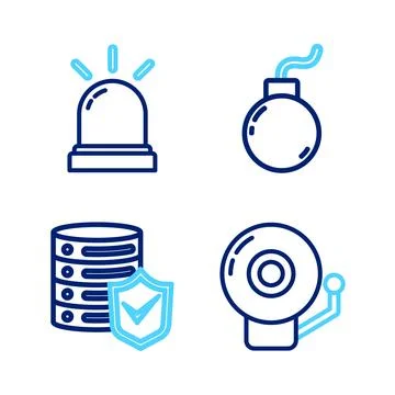 Set line Ringing alarm bell, Server with shield, Bomb ready to explode and Illustrazione stock