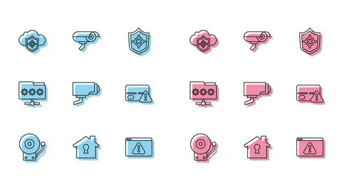 Set line Ringing alarm bell House under protection Cloud and shield Browser w Illustrazione stock