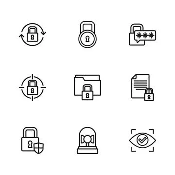 Set line Ringing alarm bell, Document and lock, Eye scan, Folder, Cyber sec.. Illustrazione stock