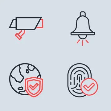 Set line Ringing alarm bell, Shield with world globe, Fingerprint and Secur.. Stock Illustration