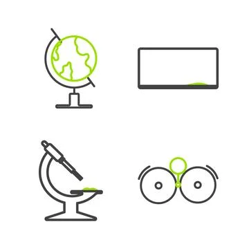 Set line Ringing alarm bell, Microscope, Chalkboard and Earth globe icon. V.. Illustrazione stock