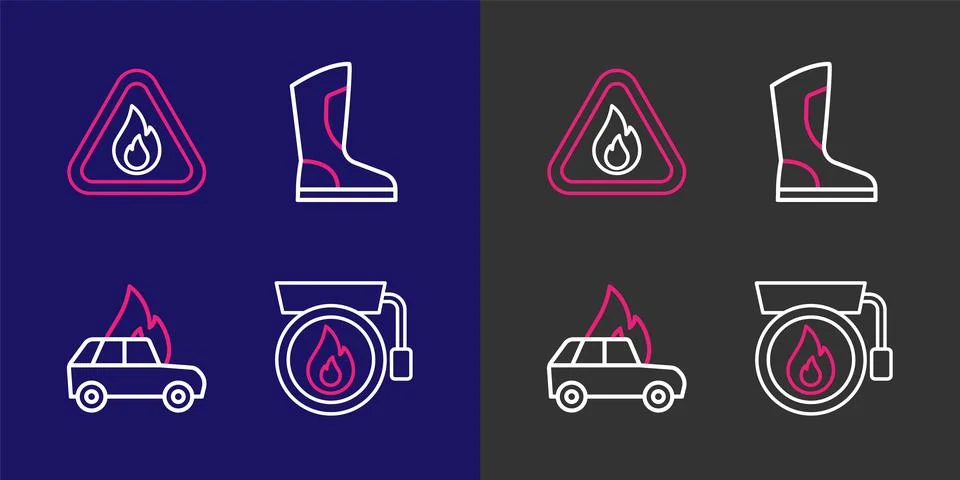 Set line Ringing alarm bell, Burning car, Fire boots and flame triangle ico.. Stock Illustration