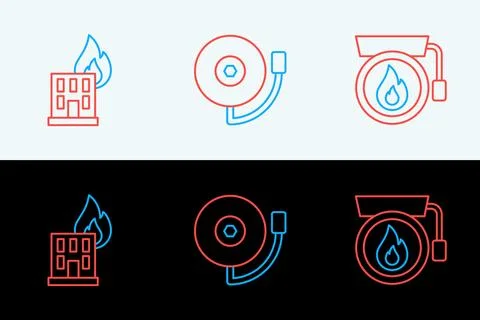 Set line Ringing alarm bell, Fire burning building and  icon. Vector Ilustración de archivo