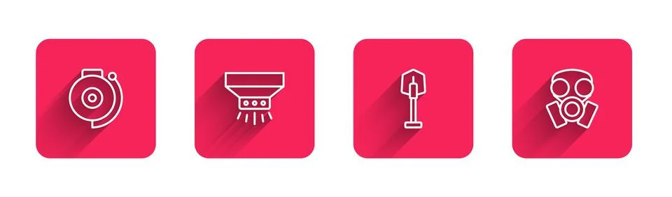 Set line Ringing alarm bell, Fire sprinkler system, shovel and Gas mask wit.. Stock Illustration