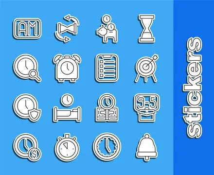 Set line Ringing bell, From 9, Target sport, Piggy bank with coin, Alarm cl.. Stock Illustration