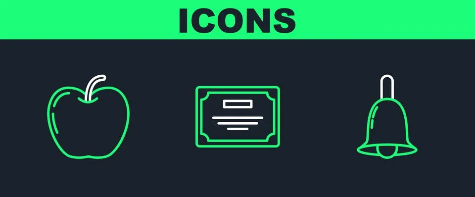 Set line Ringing bell, Apple and Certificate template icon. Vector Stock Illustration