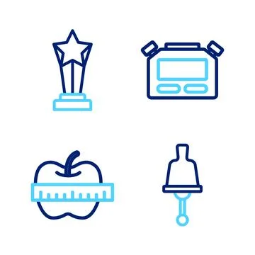 Set line Ringing bell, Apple and measuring tape, Stopwatch and Award cup icon Stock Illustration