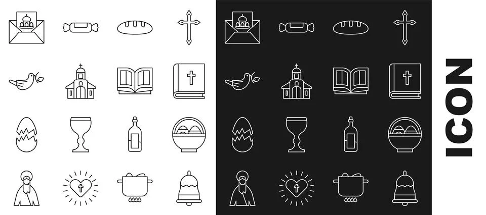 Set line Ringing bell, Basket with easter eggs, Holy bible book, Bread loaf 스톡 일러스트