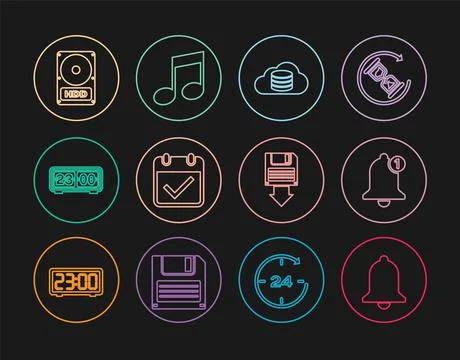 Set line Ringing bell, Bell, Cloud database, Calendar with check mark, Retr.. Illustrazione stock