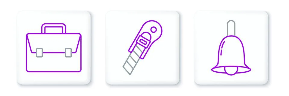 Set line Ringing bell, Briefcase and Stationery knife icon. Vector Stock Illustration