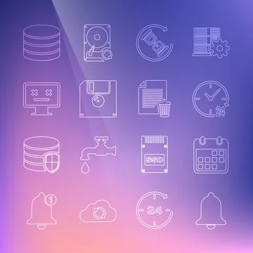 Set line Ringing bell, Calendar, Clock 24 hours, Waiting, Floppy disk, Dead イラスト素材