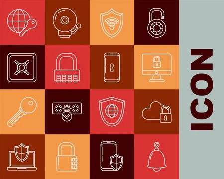 Set line Ringing bell, Cloud computing lock, Lock on computer monitor screen Stock Illustration