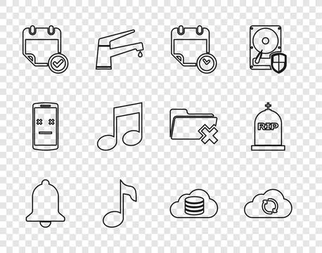 Set line Ringing bell, Cloud sync refresh, Calendar and clock, Music note, tone Illustrazione stock
