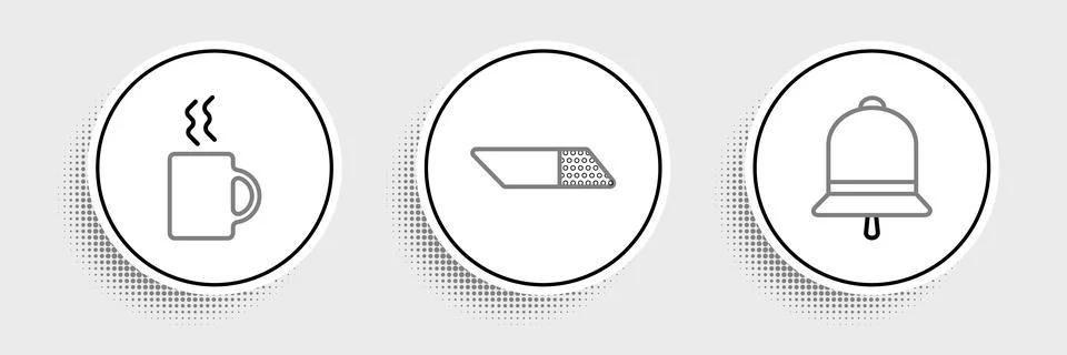 Set line Ringing bell, Coffee cup and Eraser or rubber icon. Vector Stock Illustration