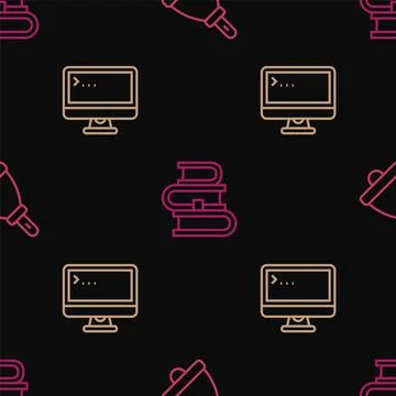 Set line Ringing bell, Computer monitor and Book on seamless pattern. Vector Illustrazione stock