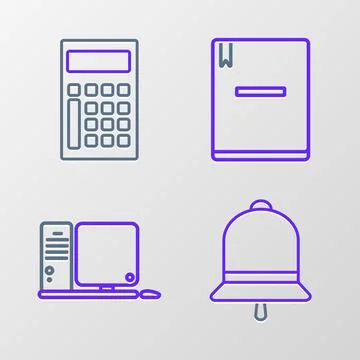 Set line Ringing bell, Computer monitor with keyboard and mouse, Notebook a.. Illustrazione stock