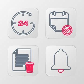 Set line Ringing bell, Delete file document, Calendar with check mark and Clock Illustrazione stock
