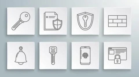 Set line Ringing bell, Document protection concept, Key, Smartphone with イラスト素材