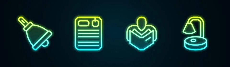Set line Ringing bell, Dossier folder, Man reading book and Table lamp. Glowing Stock Illustration