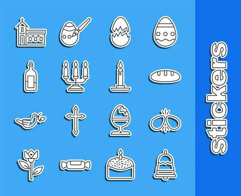 Set line Ringing bell, Easter eggs, Bread loaf, Broken, Candelabrum with Stock Illustration