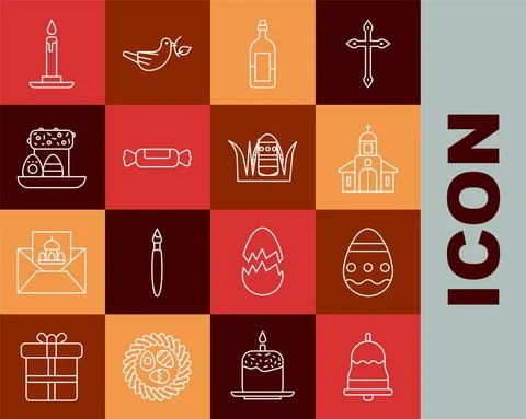 Set line Ringing bell, Easter egg, Church building, Bottle of wine, Candy, cake Ilustración de archivo