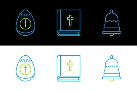 Set line Ringing bell, Easter egg and Holy bible book icon. Vector 스톡 일러스트