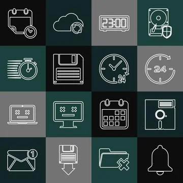 Set line Ringing bell, Floppy disk the 5.25-inch, Clock 24 hours, Digital alarm Illustrazione stock