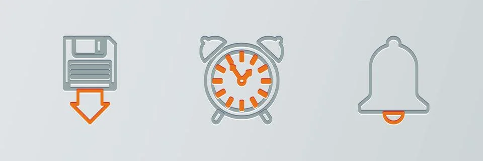 Set line Ringing bell, Floppy disk backup and Alarm clock icon. Vector Stock Illustration