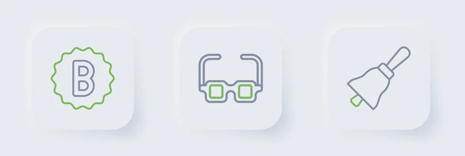 Set line Ringing bell, Glasses and Exam paper with incorrect answers icon. .. Stock Illustration