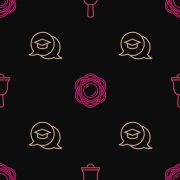 Set line Ringing bell, Graduation cap speech bubble and Atom on seamless pattern Stock Illustration