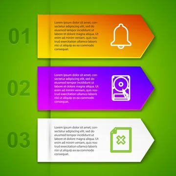 Set line Ringing bell, Hard disk drive HDD, Delete file document and Cloud Illustrazione stock