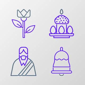 Set line Ringing bell, Jesus Christ, Easter cake and eggs and Flower tulip .. Stock Illustration