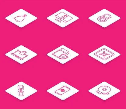 Set line Ringing bell, Lock on computer monitor screen, Safe combination lock Stockillustratie