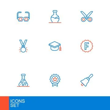 Set line Ringing bell, Medal with star, Test tube, Exam paper incorrect ans.. Stock Illustration